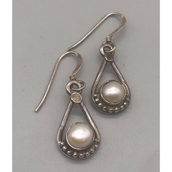 Sterling Silver Earrings Faux Pearl Teardrop Dangle Pierced Dainty 1" - Picture 1 of 8